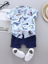 2PCS baby and toddler summer full print cartoon spotted dinosaur pattern stand up collar shirt short sleeved shorts set