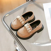 Kids PU Leather Shoes Spring Autumn Fashion Girls Pearls Casual Princess Flats Soft Loafers School Student Children Black Beige