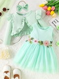 Baby Girl Summer Waist Flower Tank Top Mesh Dress+Same Color Coat and Same Color Hair Accessories Sweet Set