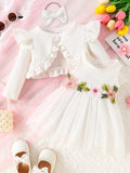 Baby Girl Summer Waist Flower Tank Top Mesh Dress+Same Color Coat and Same Color Hair Accessories Sweet Set