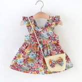 2 Pcs Summer New Baby Girl Dress Fashionable Floral Fly Sleeve Cotton Dress with Crossbody Bag Suitable for Babies Aged 0-3