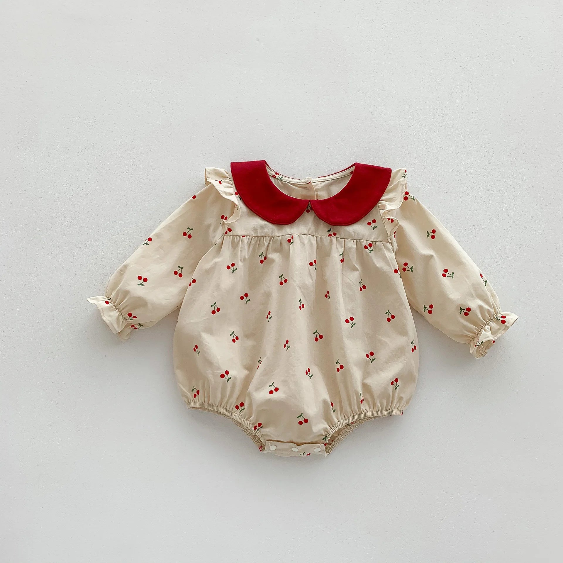 New 2024 Autumn Baby Clothes Sweet Cherry Printed Girls Bodysuit Newborn Peter Pan Collar Princess Clothing Toddler One Piece