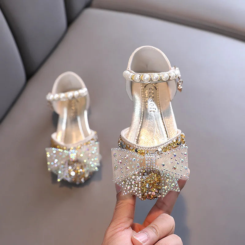 Summer Girls Sandals Fashion Sequins Rhinestone Bow Girls Princess Shoes Baby Girl Shoes Flat Heel Sandals Size 21-35