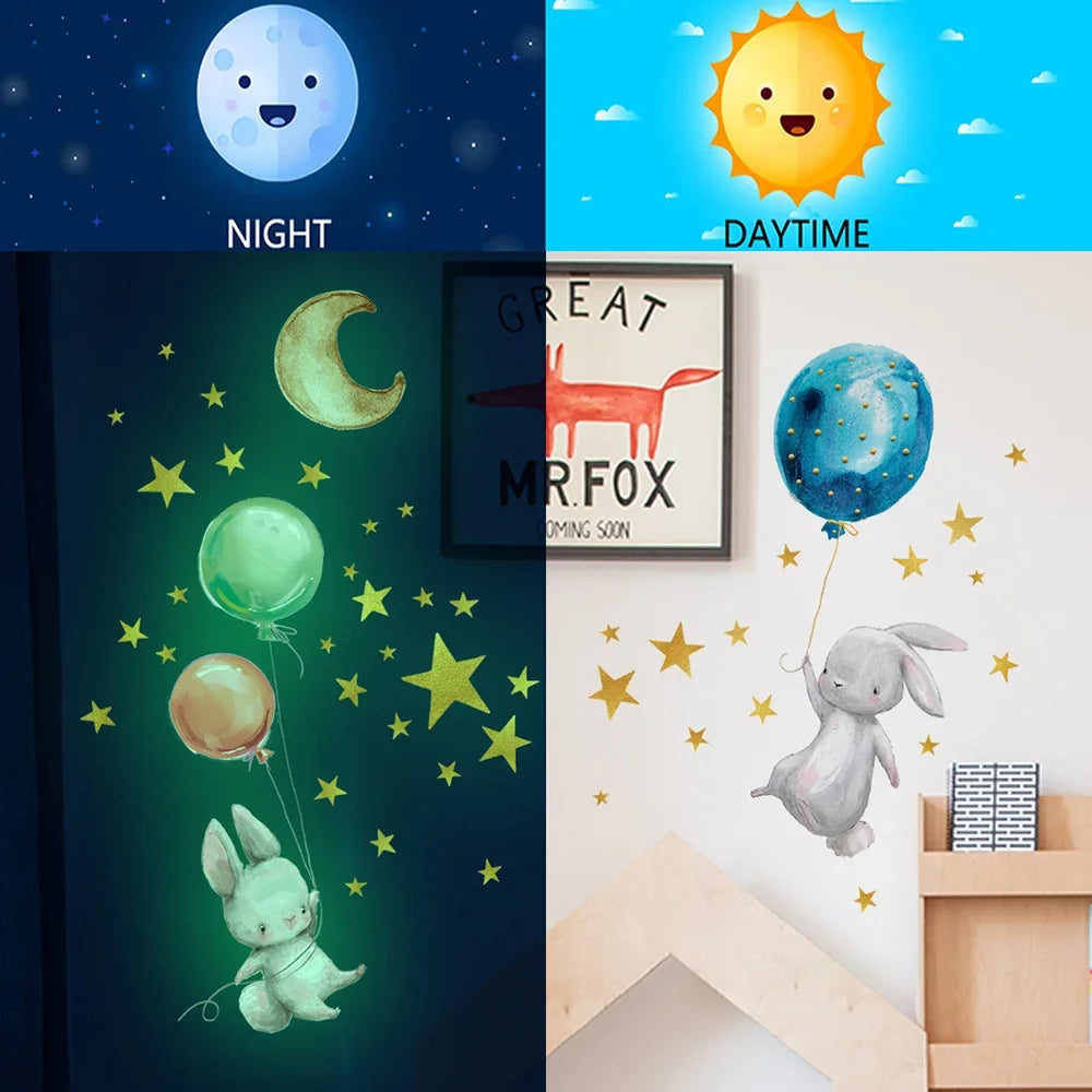 Cartoon Bunny Balloon Luminous Wall Stickers Glow In The Dark Wallpaper For Kids Room Living Room Nursery Home Decoration Decals