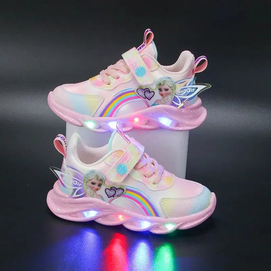 Disney Girls' Casual Shoes Led Lights Mesh Breathable Children's Sports  Princess Elsa Pink Purple Shoes Sneakers Size 22-35