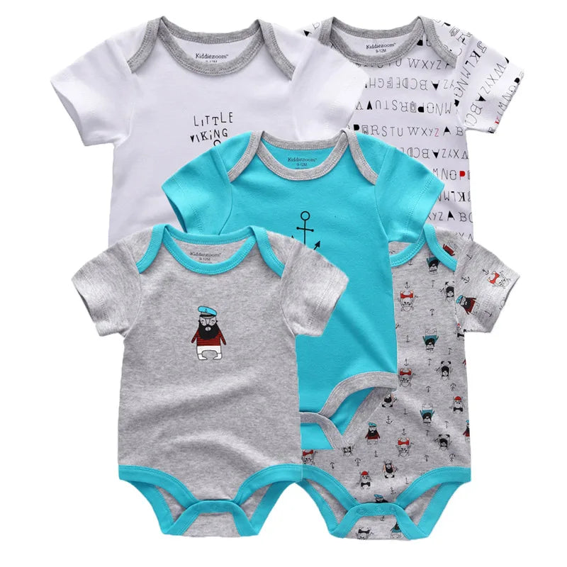 Kiddiezoom 5 Pcs/Lot Four Seasons Fashion Cartoon Short Sleeve Baby Boy Girl Bodysuits Soft 100%Cotton NewbornOnesies