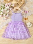 Summer Toddler  Kids  Girl's Clothes  Baby's Butterfly Decor Mesh Splicing Cami Dress Elegant Sleeveless Princess Dress