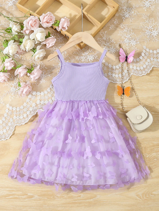 Summer Toddler  Kids  Girl's Clothes  Baby's Butterfly Decor Mesh Splicing Cami Dress Elegant Sleeveless Princess Dress