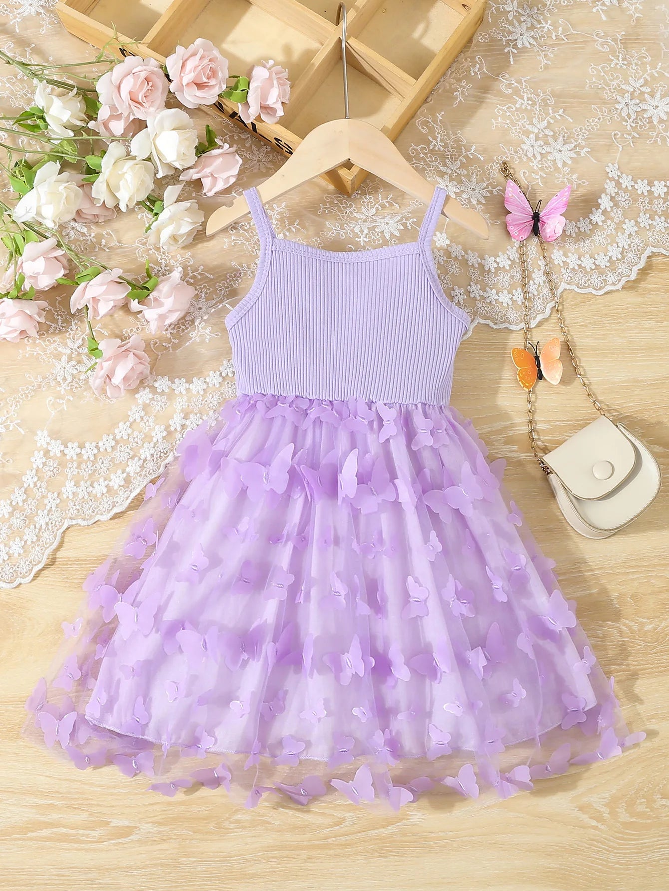 Summer Toddler  Kids  Girl's Clothes  Baby's Butterfly Decor Mesh Splicing Cami Dress Elegant Sleeveless Princess Dress