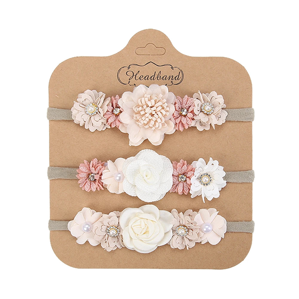 3Pcs/Set Artificial Flower Baby Headbands Girls Rhinstone Nylon Hair Bands Kids Mini Ins Photography Props Kids Fashion Headwear