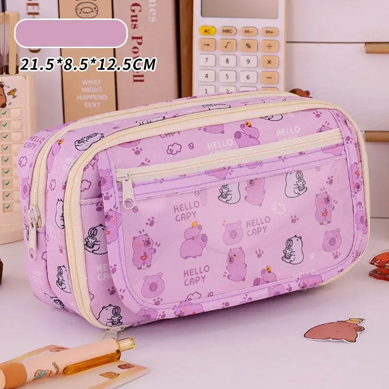 Capybara Multi-Layer Large Capacity Pencil Case Cartoon Stationery Organizer Cute Multi-Functional Pen Pouch for School Supplies