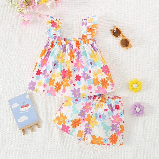 Summer New Colorful Flower Baby Girl Set, Countryside Style Infant Two-Piece Set, Children'S Sleeveless Clothes