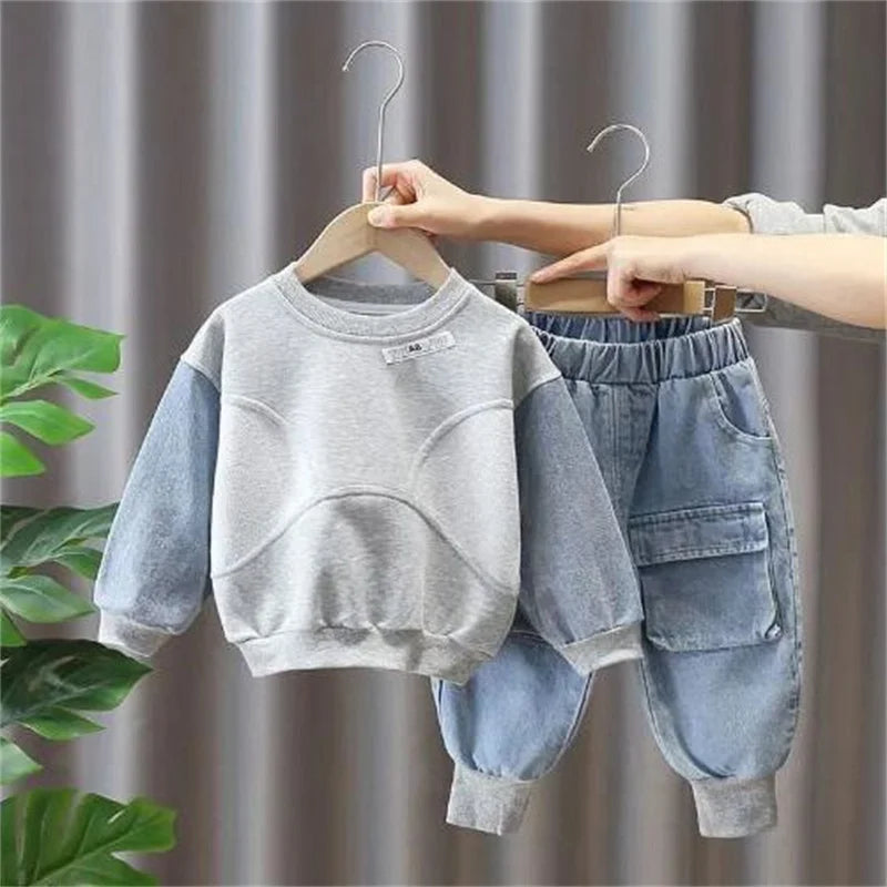 Baby boy clothes set light blue solid color street fried cowboy two-piece fashion long sleeve+denim sweatpants clothes.