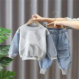 Baby boy clothes set light blue solid color street fried cowboy two-piece fashion long sleeve+denim sweatpants clothes.