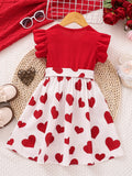 2024 Summer Cute Red Love Princess Children's Short sleeved Dress Casual Party Clothing