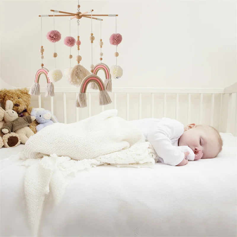 Baby Wooden Boho Rainbow Bed Bell Rattles Toys Hanging Pendant Newborn Toys Mobile Crib Bracket Montessori Toys Baby Birth Gift