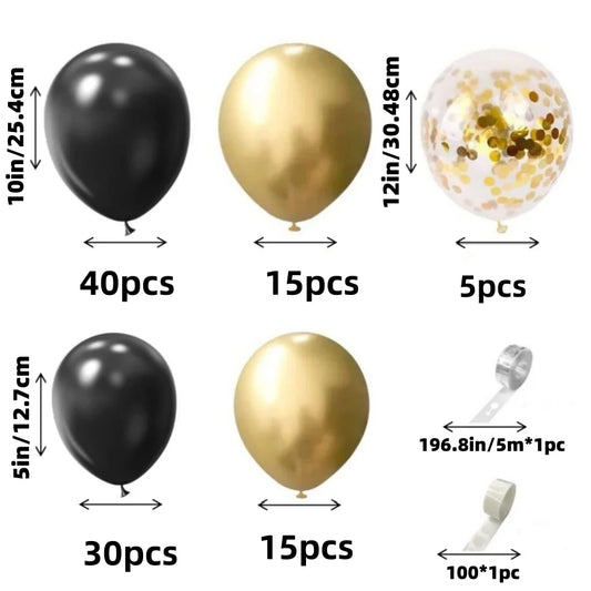 107 قطعة مجموعة بالونات سوداء ذهبية. موسم التخرج، رأس السنة، التقاعد، الزفاف، عيد الميلاد، مستلزمات حفلات الكشف عن الجنس، زينة.