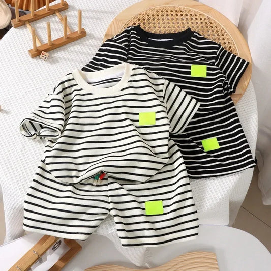 2Pcs Fashion Children Short Sleeve Shorts Sets Summer Kids Clothes Boys Baby Cotton Tee Pant Outfits Black and White Stripe