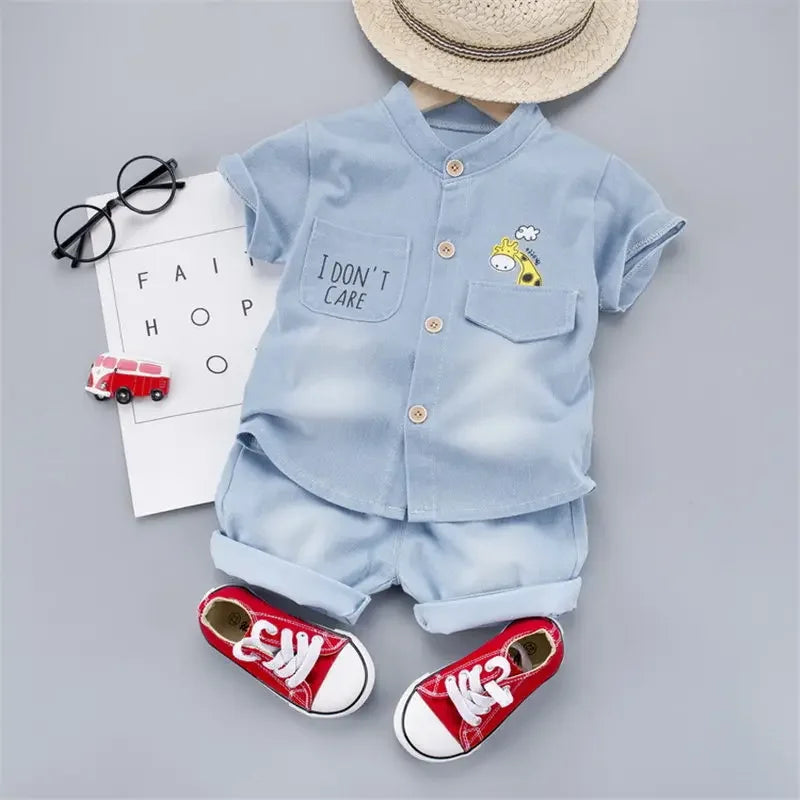 New Summer Baby Boys Denim Clothing Children Casual Short Sleeve Shirt Shorts 2Pcs/Set Kids Sportswear Toddler Fashion Wear