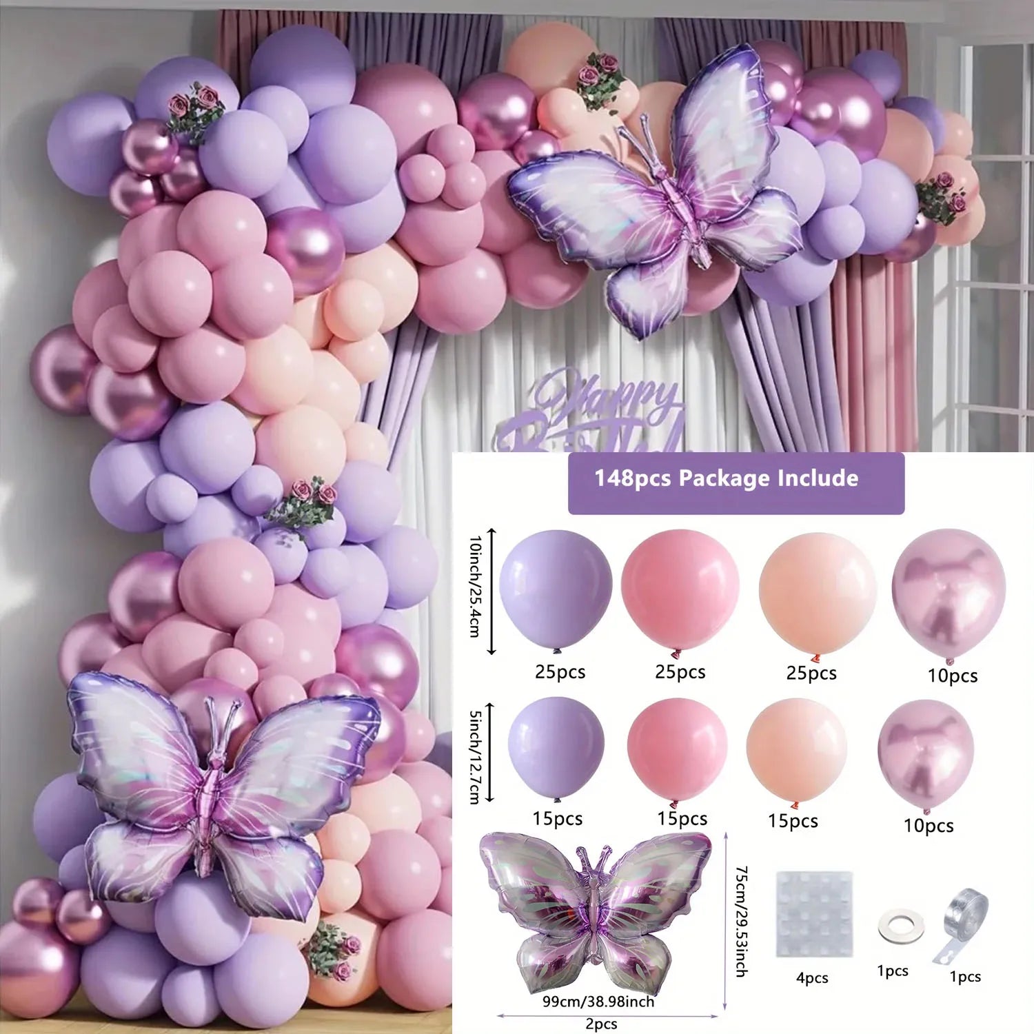 148PCS Butterfly Balloon Arch set, Macaron purple pink orange balloon, birthday party, wedding anniversary event decoration