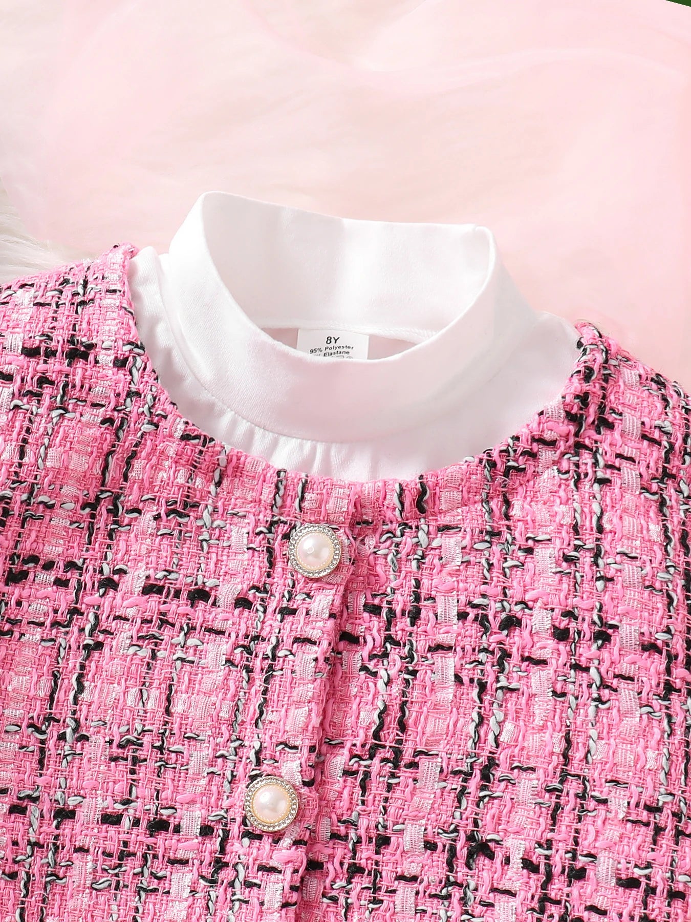 Children's spring and autumn new cute girl fashion dress 3 sets of pink plaid top + skirt + white long-sleeved base shirt