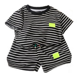 2Pcs Fashion Children Short Sleeve Shorts Sets Summer Kids Clothes Boys Baby Cotton Tee Pant Outfits Black and White Stripe