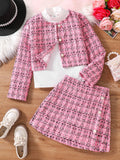 Children's spring and autumn new cute girl fashion dress 3 sets of pink plaid top + skirt + white long-sleeved base shirt