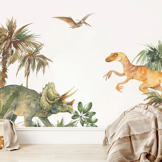 T182# Cartoon Triceratops Dinosaur Park Watercolor Wall Sticker For Kids Room Boy Room Decoration Children's Playroom Decor