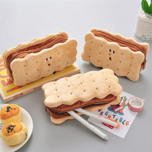 Kawaii Pencil Case High Capacity Plush Cookies Pen Bags Cartoon Brown Pen Box Girls Office School Supplies Stationary