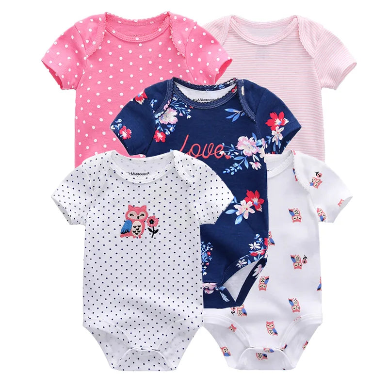 Kiddiezoom 5 Pcs/Lot Four Seasons Fashion Cartoon Short Sleeve Baby Boy Girl Bodysuits Soft 100%Cotton NewbornOnesies