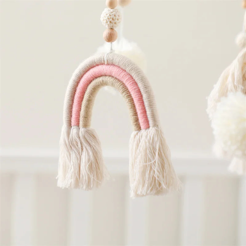 Baby Wooden Boho Rainbow Bed Bell Rattles Toys Hanging Pendant Newborn Toys Mobile Crib Bracket Montessori Toys Baby Birth Gift