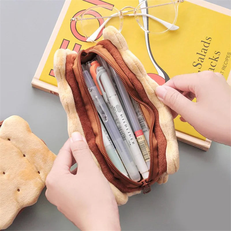 Kawaii Pencil Case High Capacity Plush Cookies Pen Bags Cartoon Brown Pen Box Girls Office School Supplies Stationary