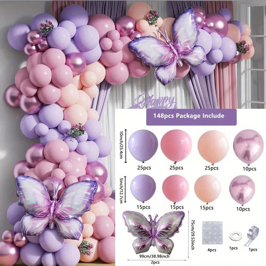 148PCS Butterfly Balloon Arch set, Macaron purple pink orange balloon, birthday party, wedding anniversary event decoration