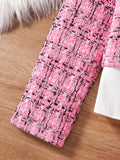 Children's spring and autumn new cute girl fashion dress 3 sets of pink plaid top + skirt + white long-sleeved base shirt