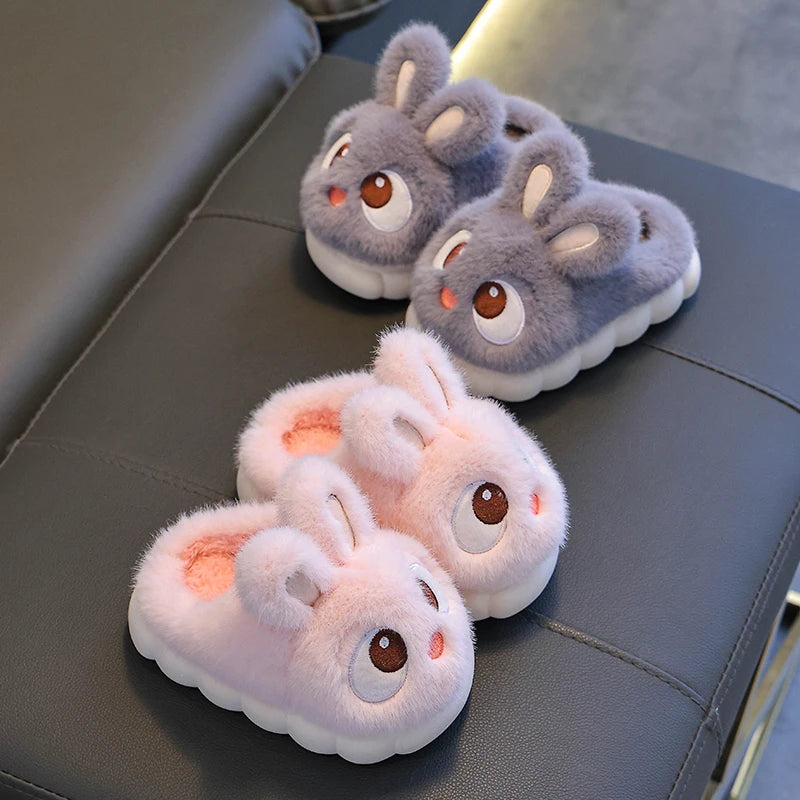 New Winter Cute Big eyed Rabbit Children's Waterproof Warm Non-slip Fluffy Slippers For Girls Boys Kids Indoor Home Cotton Shoes