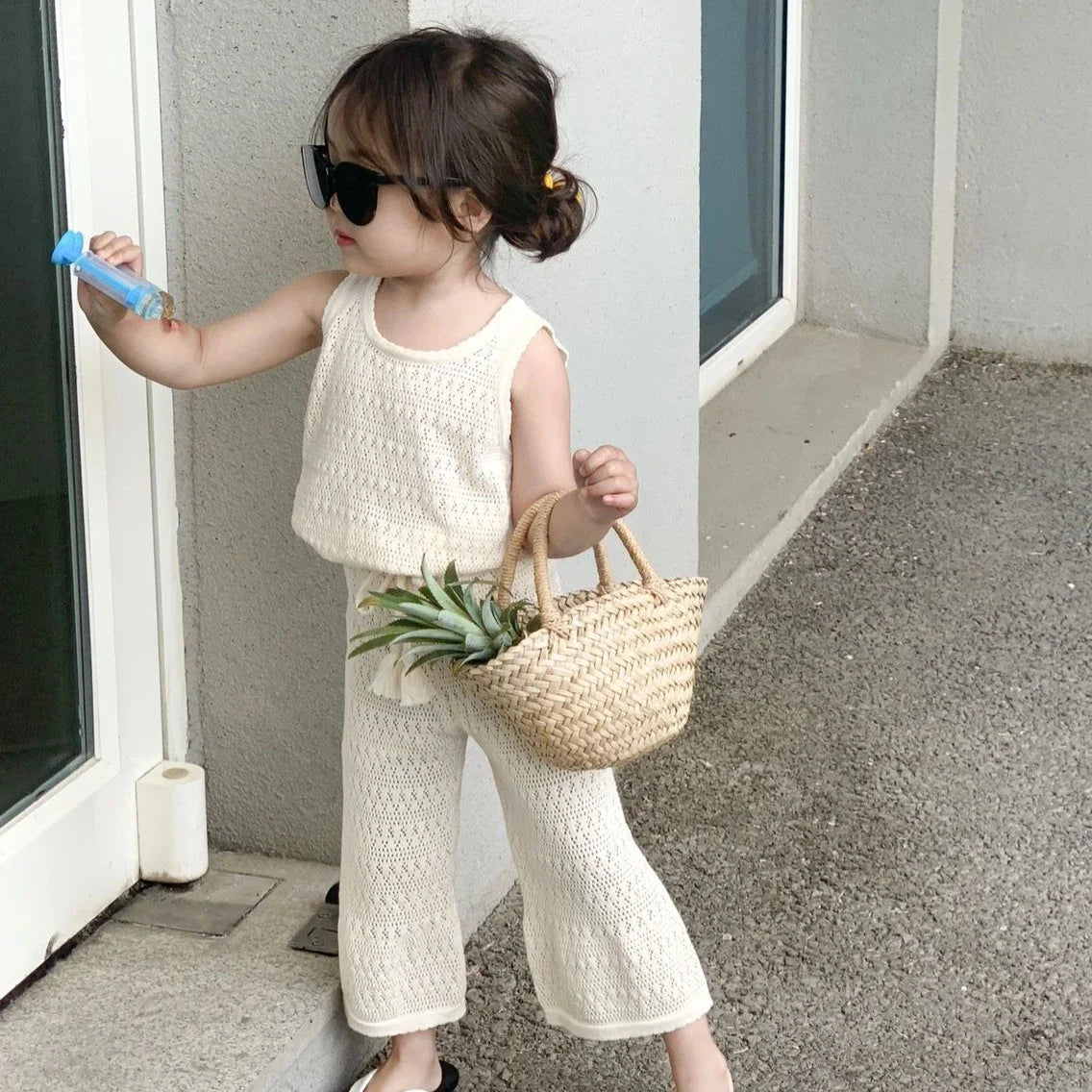 Girls Summer Clothing Set 2023 Kids Knitted Hollow Lace Suit Girl Fashion Breathable Vest + Wide Leg Pants Outfits Children Sets