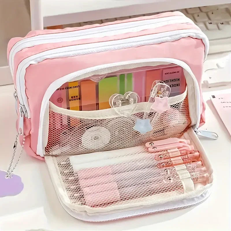 Large Capacity 3 Layers Pen Box Kawaii Pencil Cases Cute Pen Holder Pouch for Students Back to School Stationery Supplies