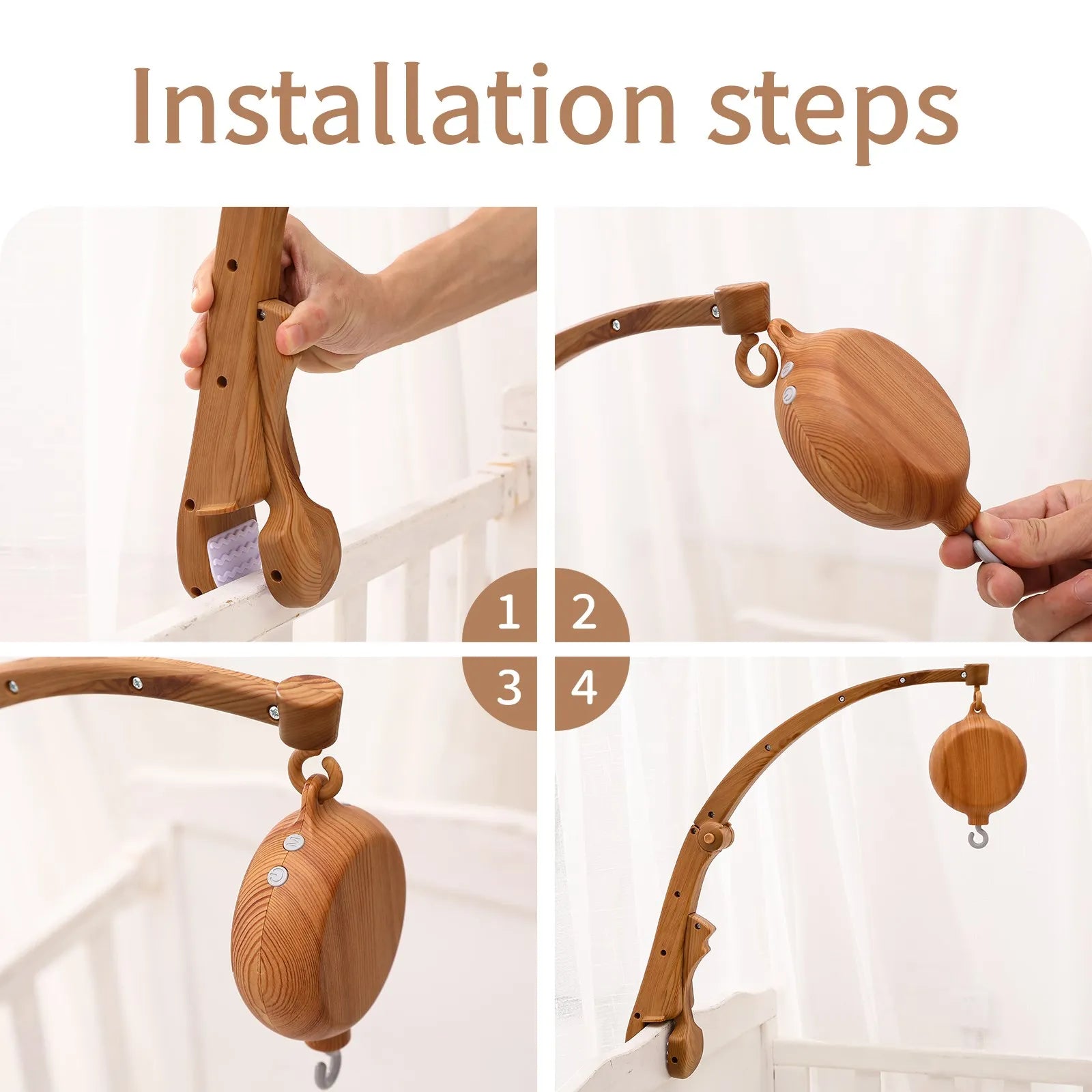Baby Crib Bed Bell Musical Box Holder Arm Toy Foldable Imitation Wood Grain Infant Bed Decoration Toys Baby Bed Toys Educational
