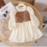 Spring Autumn Baby Suits Girl Vest + Long Sleeve Dresses 2piece Kids Cute Princess Dress Children Chiffon Vestido 2 to10T