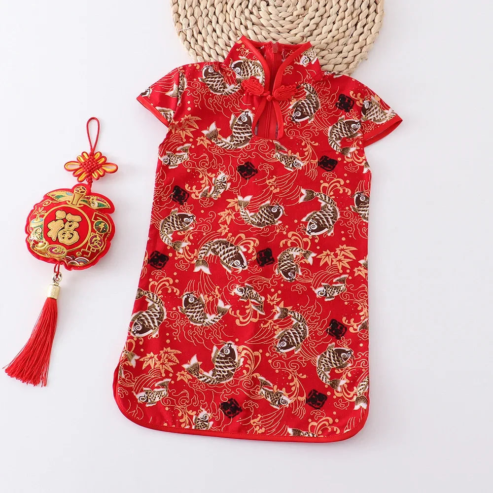 Show Summer Dress Girl Cheongsam Fashion Red Girls Dresses Children Chinese Traditional Clothing Casual Kids Qipao Vestidos