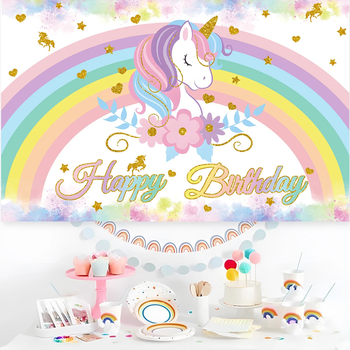 Rainbow Unicorn Disposable Tableware Happy 1st Birthday Party Decorations Kids Unicorn Theme Wedding Baby Shower Girls Supplies