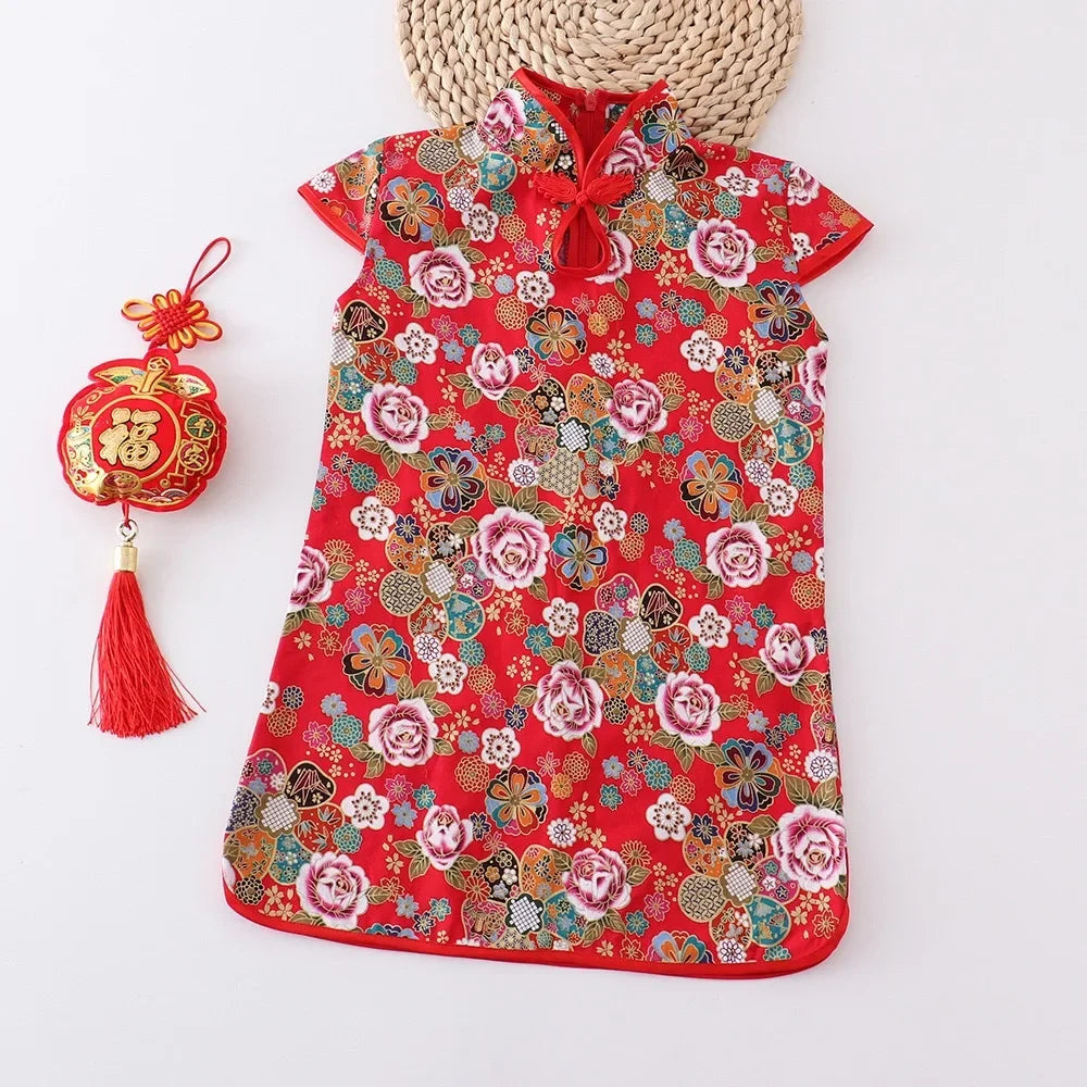 Show Summer Dress Girl Cheongsam Fashion Red Girls Dresses Children Chinese Traditional Clothing Casual Kids Qipao Vestidos