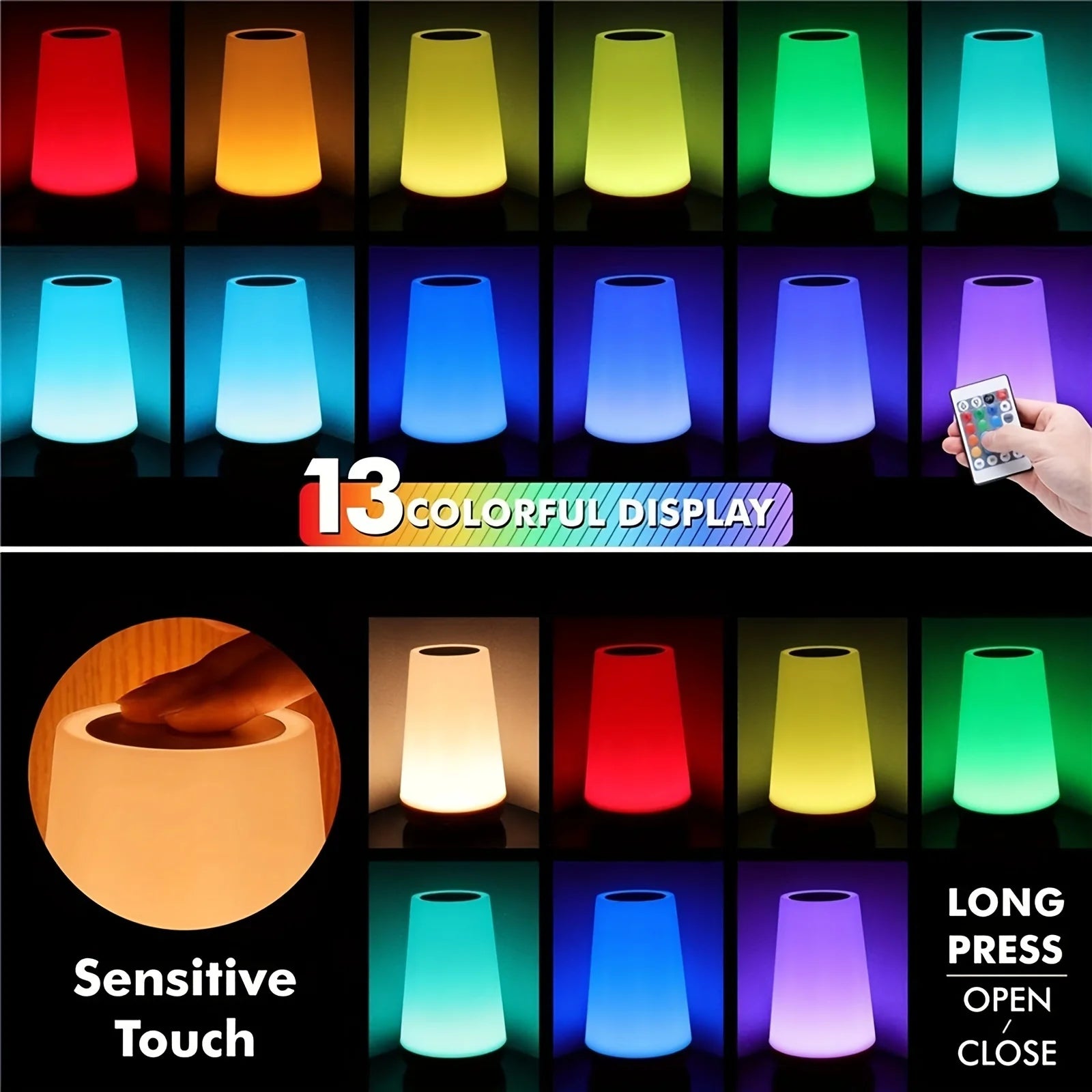 Touch RGB LED Night Lights Remote Control Dimmable Bedside Lamp USB Rechargeable 13 Colors Ambient Reading Camping Lamp Gifts