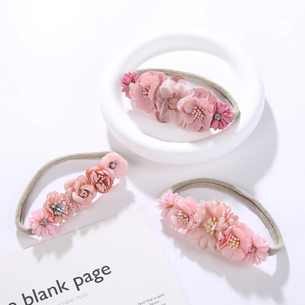 3Pcs/Set Artificial Flower Baby Headbands Girls Rhinstone Nylon Hair Bands Kids Mini Ins Photography Props Kids Fashion Headwear