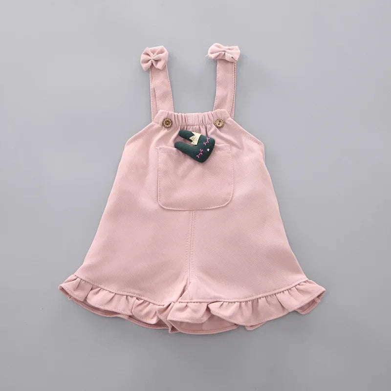2pcs Cute Toddler Baby Girl T-shirt+Suspender Shorts Outing Clothes New Fashion Bay Sets Suits (No Shoes No Bag)
