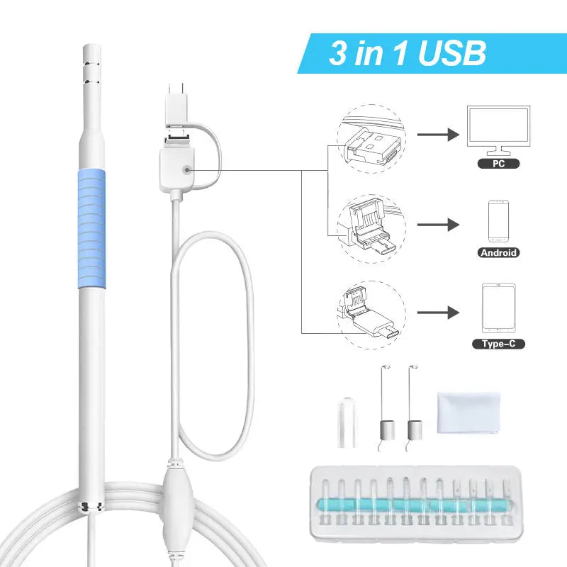 3 in 1 Ear Scope Cleaner Endoscope Video Otoscope Veterinary Visual 5.5mm Otoscopio Medico USB Android Phone Baby Earpick Camera