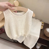 Girls Summer Clothing Set 2023 Kids Knitted Hollow Lace Suit Girl Fashion Breathable Vest + Wide Leg Pants Outfits Children Sets