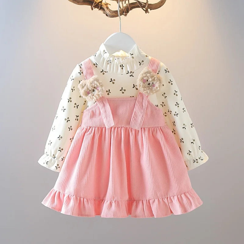 Kid Girl Long Sleeve Dress Floral Lovely Bear Corduroy Strap Style Dress Fashion Cute Photograph Outfit for Child Girl 1-6 Years