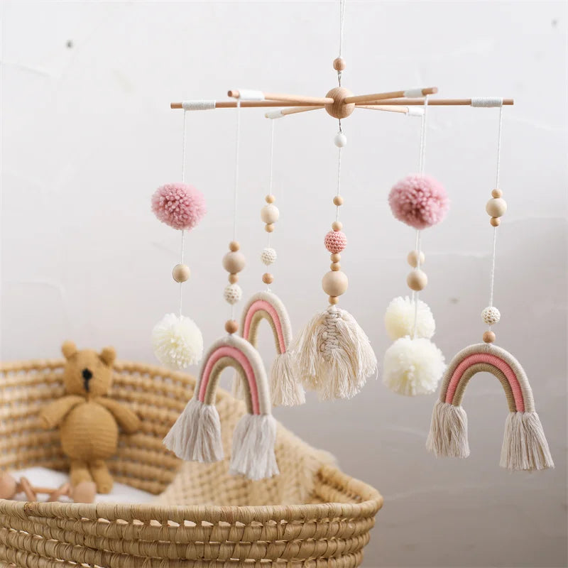 Baby Wooden Boho Rainbow Bed Bell Rattles Toys Hanging Pendant Newborn Toys Mobile Crib Bracket Montessori Toys Baby Birth Gift