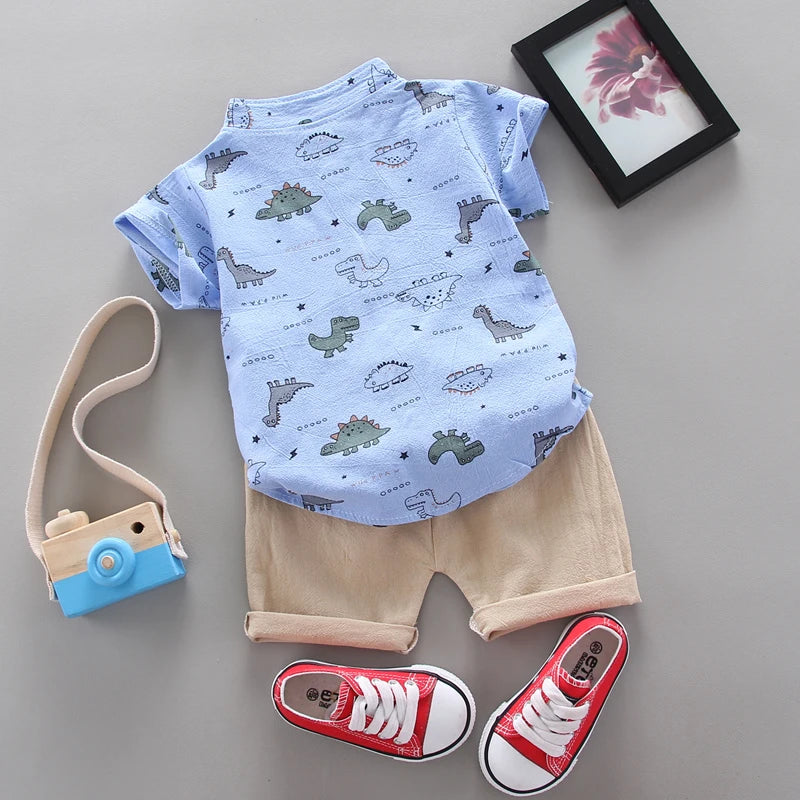 Children's Summer Dinosaur Randomly Printed Shirt Short Sleeve Shorts Set